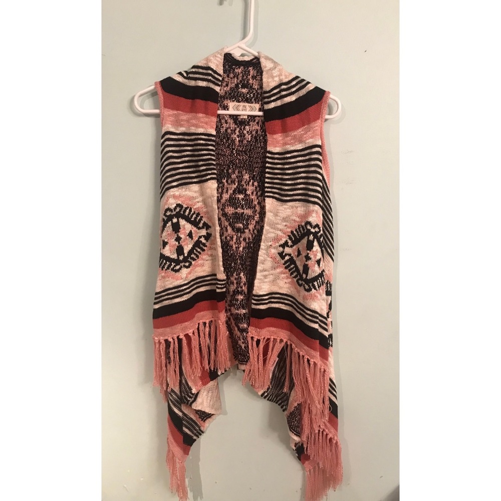 Pink, cream, and black sleeveless sweater